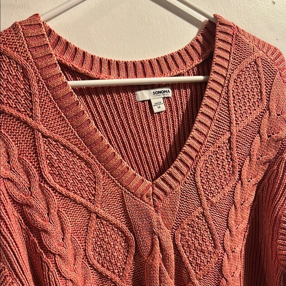 Sonoma Pink V-Neck Cable Knit Sweater - Picture 2 of 4